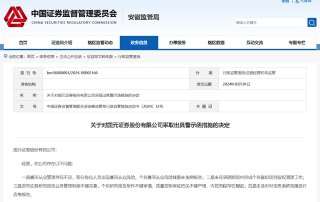 电鳗：监管出手！国元证券警示函暴露四大问题